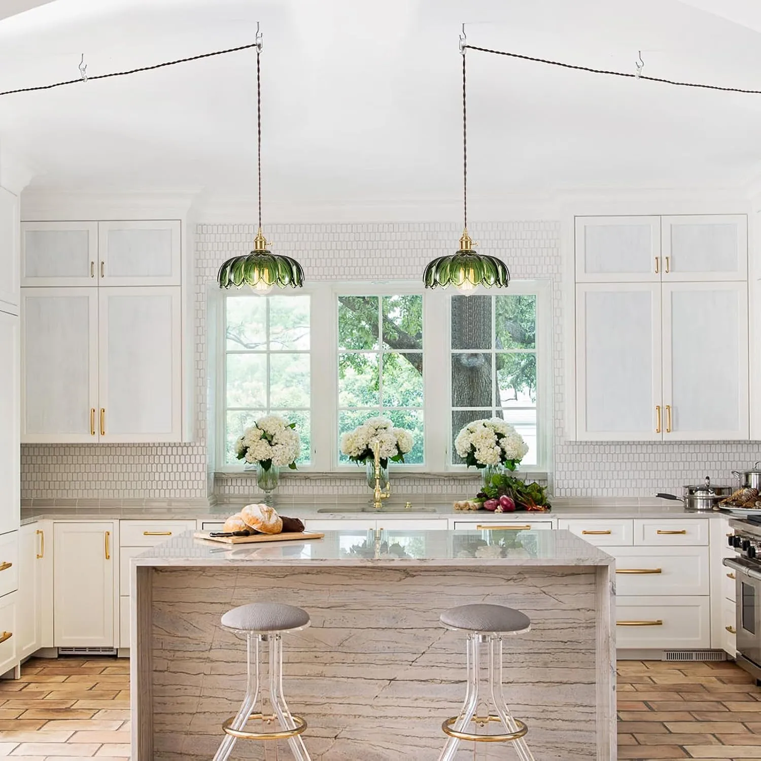 Plug in Pendant Light Fixtures, Hanging Light Fixture Green Glass Pendant Light, Pendant Lighting for Kitchen Island, Bedroom, Dining Room, Living Room, E26 No Bulb