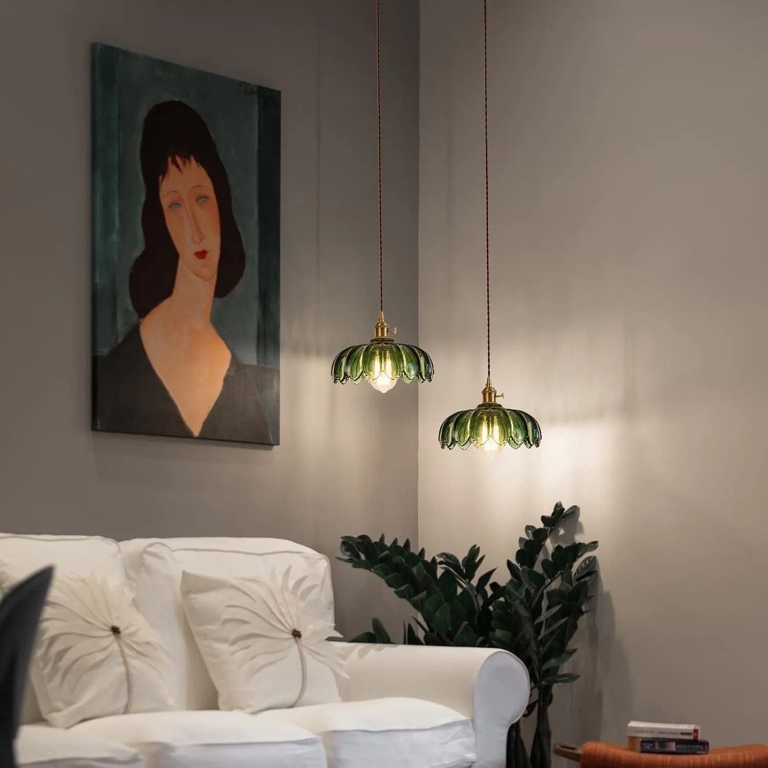 Plug in Pendant Light Fixtures, Hanging Light Fixture Green Glass Pendant Light, Pendant Lighting for Kitchen Island, Bedroom, Dining Room, Living Room, E26 No Bulb