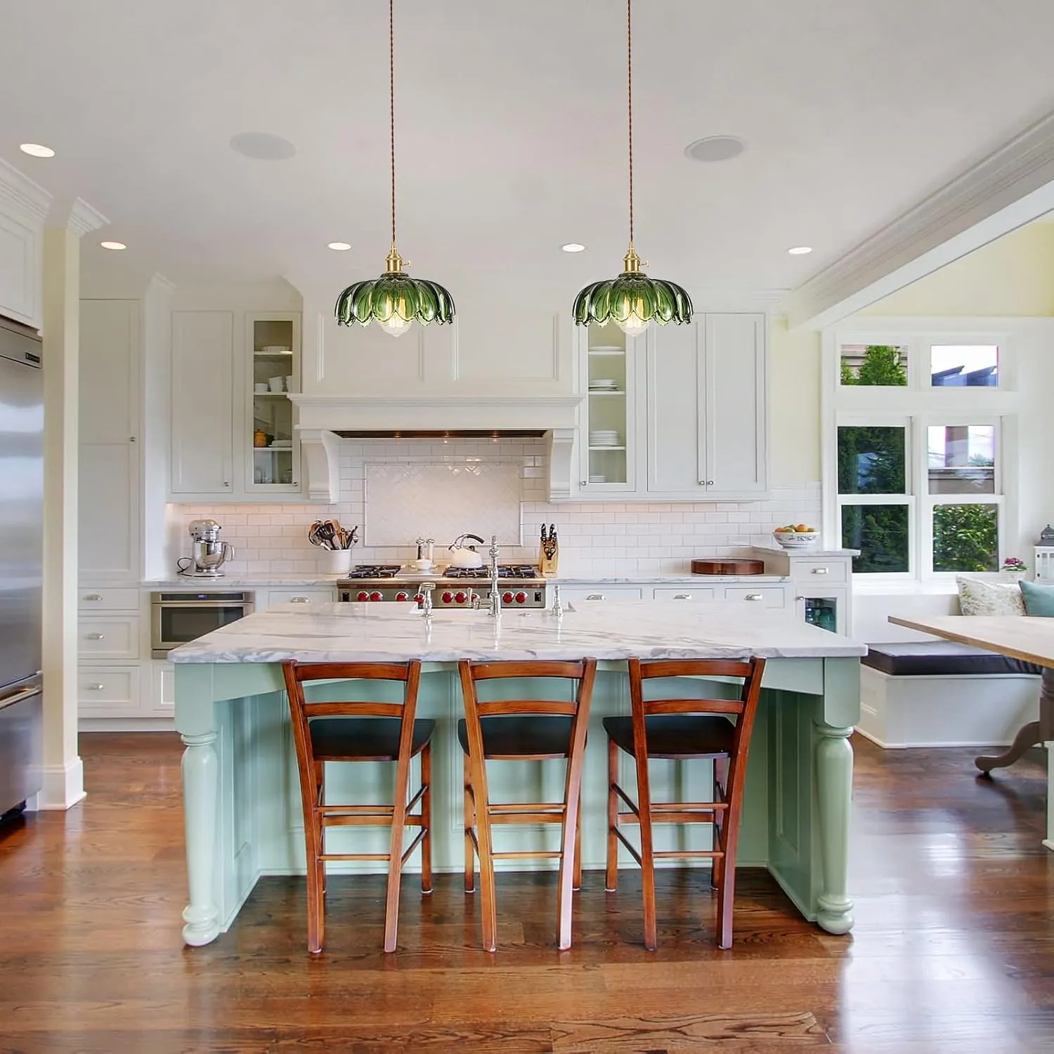 Plug in Pendant Light Fixtures, Hanging Light Fixture Green Glass Pendant Light, Pendant Lighting for Kitchen Island, Bedroom, Dining Room, Living Room, E26 No Bulb