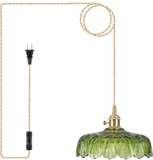 Plug in Pendant Light Fixtures,Green Glass Lampshade Pendant Lighting 9.4in E26 Contains one 3000K Bulb Hanging Light Fixture for Kitchen Island, Bedroom, Dining Room, Living Room