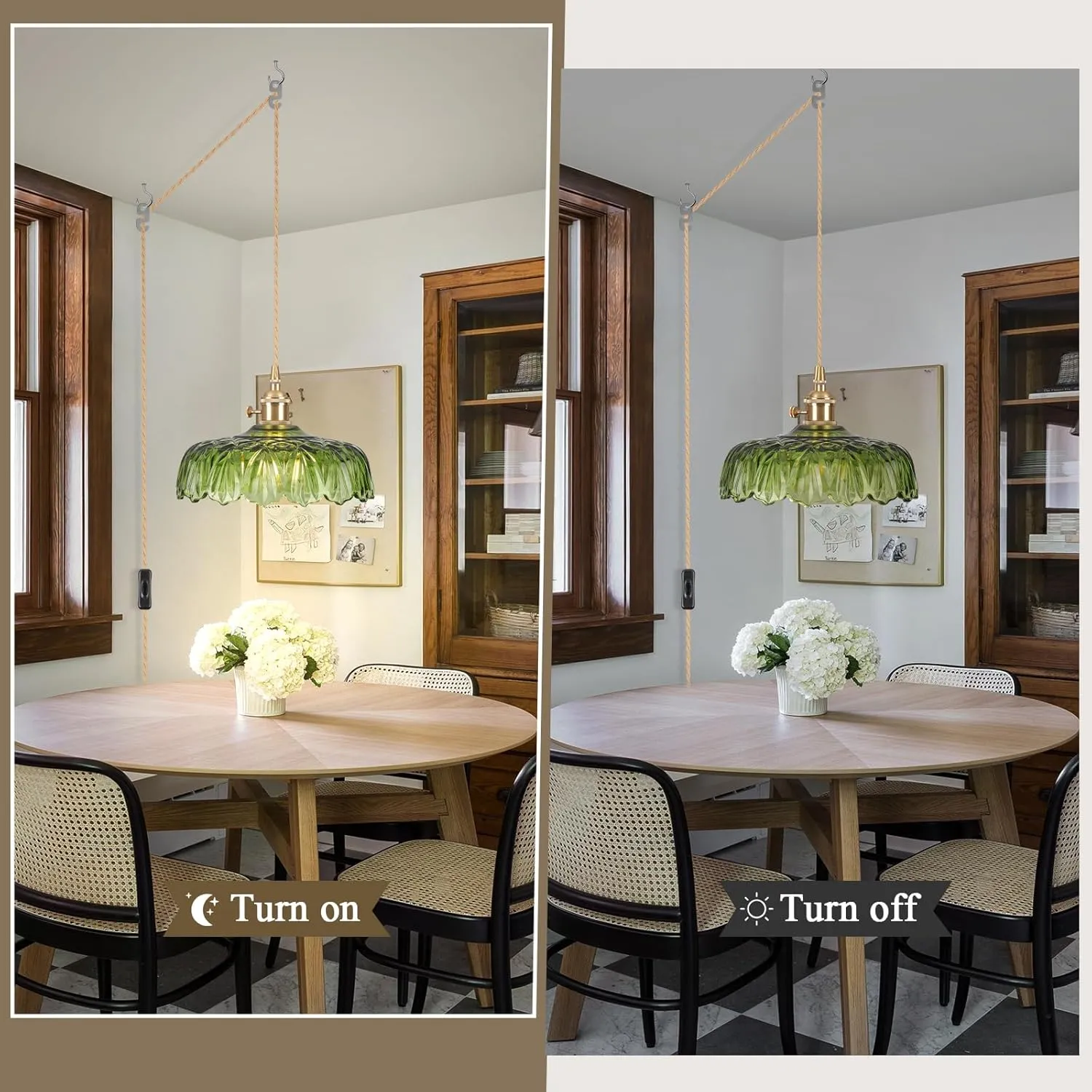 Plug in Pendant Light Fixtures,Green Glass Lampshade Pendant Lighting 9.4in E26 Contains one 3000K Bulb Hanging Light Fixture for Kitchen Island, Bedroom, Dining Room, Living Room