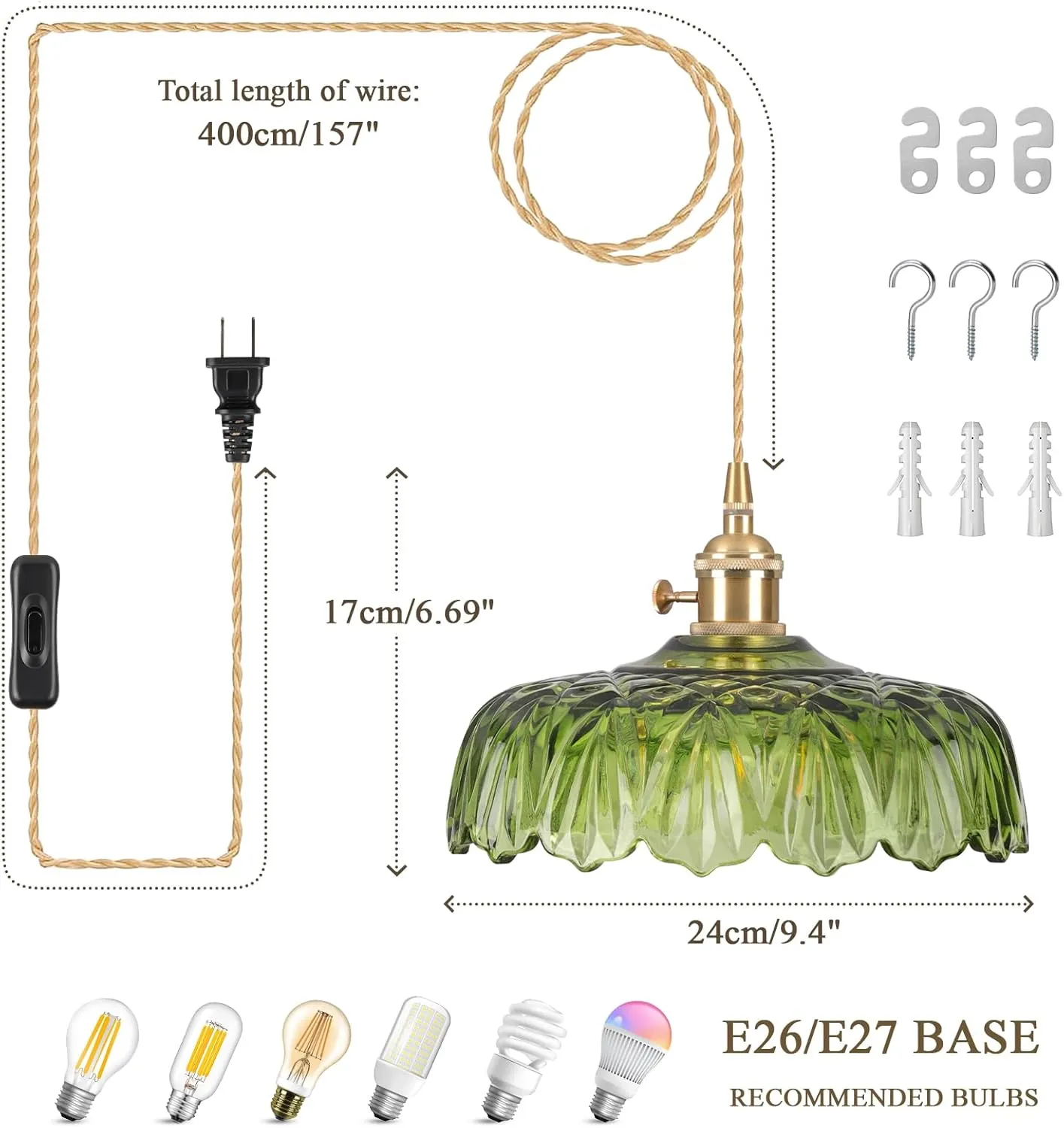 Plug in Pendant Light Fixtures,Green Glass Lampshade Pendant Lighting 9.4in E26 Contains one 3000K Bulb Hanging Light Fixture for Kitchen Island, Bedroom, Dining Room, Living Room