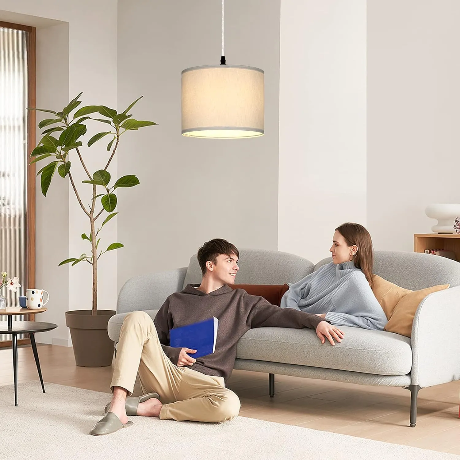 Plug in Pendant Light, Hanging Light with Plug in Cord with Dimmable Switch, Hanging Lamp with 15 ft Clear Cord, White Pendant Light Fixture for Bedroom