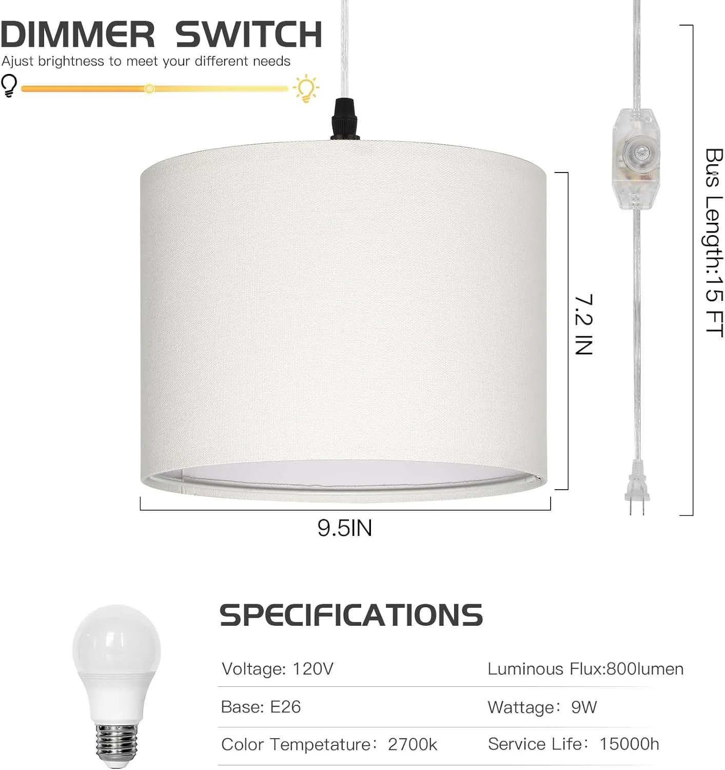 Plug in Pendant Light, Hanging Light with Plug in Cord with Dimmable Switch, Hanging Lamp with 15 ft Clear Cord, White Pendant Light Fixture for Bedroom