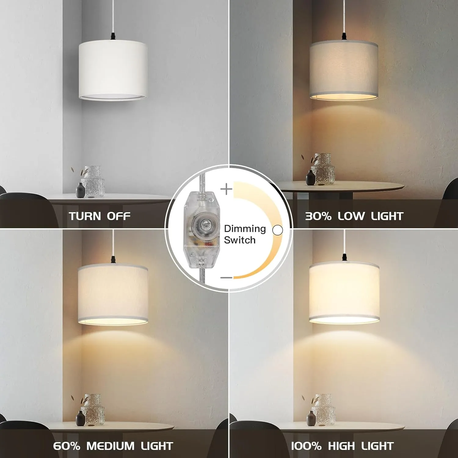 Plug in Pendant Light, Hanging Light with Plug in Cord with Dimmable Switch, Hanging Lamp with 15 ft Clear Cord, White Pendant Light Fixture for Bedroom
