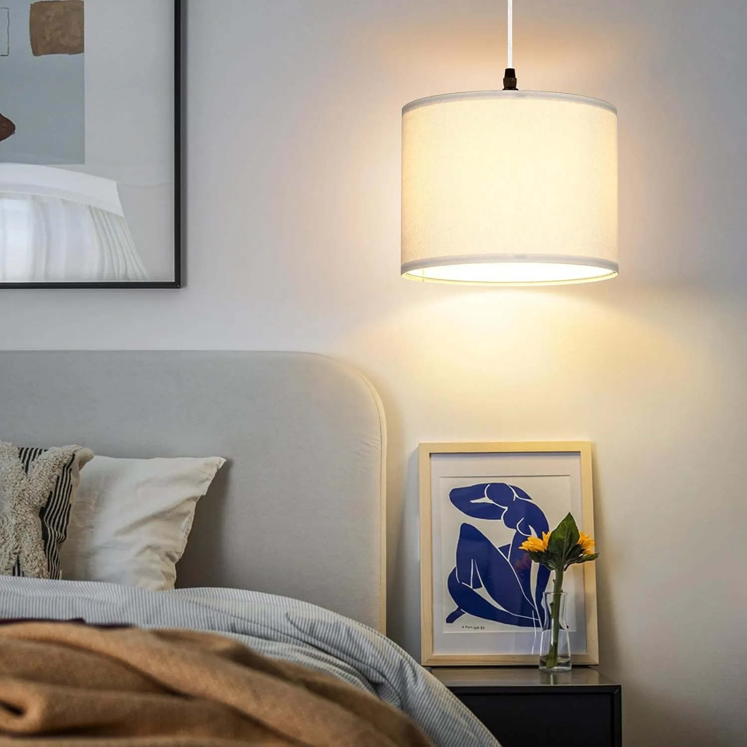 Plug in Pendant Light, Hanging Light with Plug in Cord with Dimmable Switch, Hanging Lamp with 15 ft Clear Cord, White Pendant Light Fixture for Bedroom