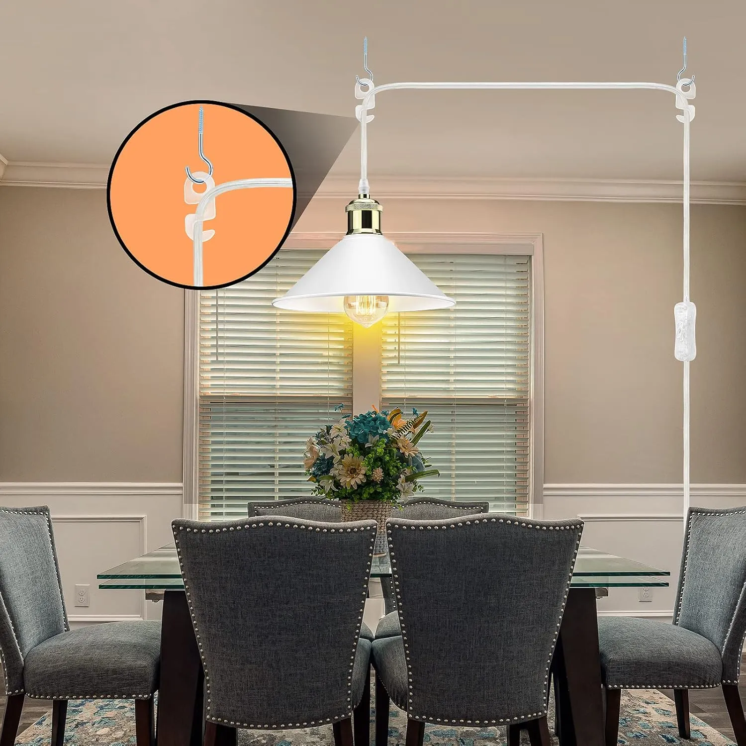 Plug in Pendant Light, Industrial Hanging Light with Plug in Cord On/Off Switch, Modern Pendant Light with Plug in Cord, Farmhouse Pendant Light Fixture, White