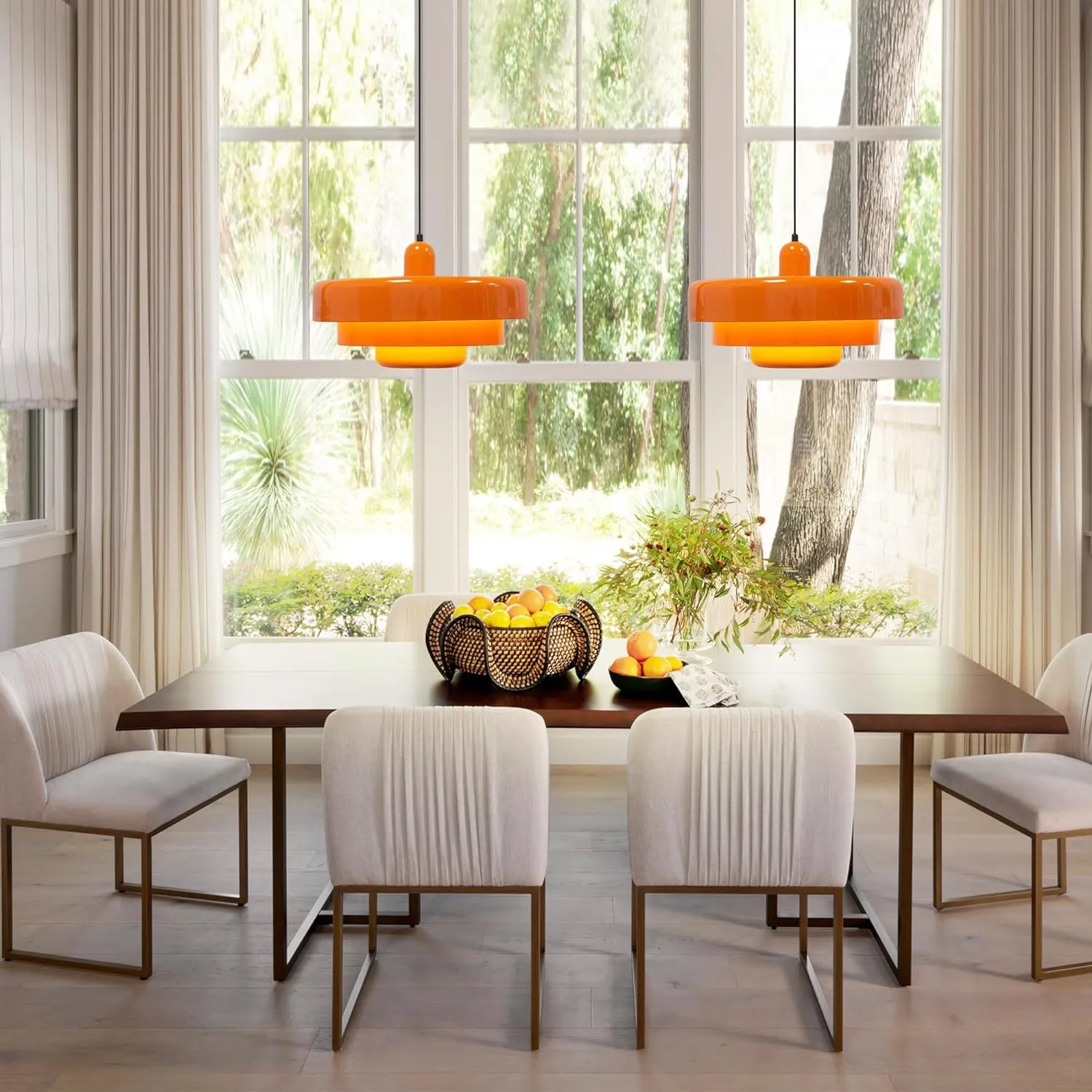 Plug in Pendant Light Mid Century Hanging Lamp with Plug in Cord Orange Pendant Lighting Fixtures Nordic Style Metal Shade On/Off Switch Hanging Light for Living Room Dining Bedroom Kitchen