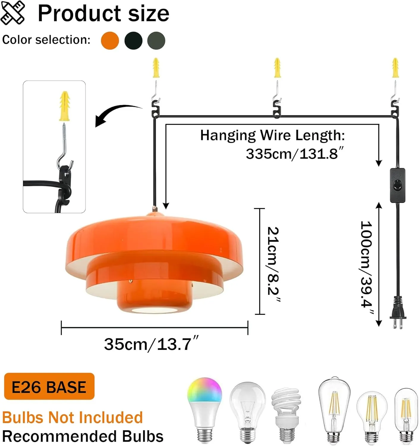 Plug in Pendant Light Mid Century Hanging Lamp with Plug in Cord Orange Pendant Lighting Fixtures Nordic Style Metal Shade On/Off Switch Hanging Light for Living Room Dining Bedroom Kitchen