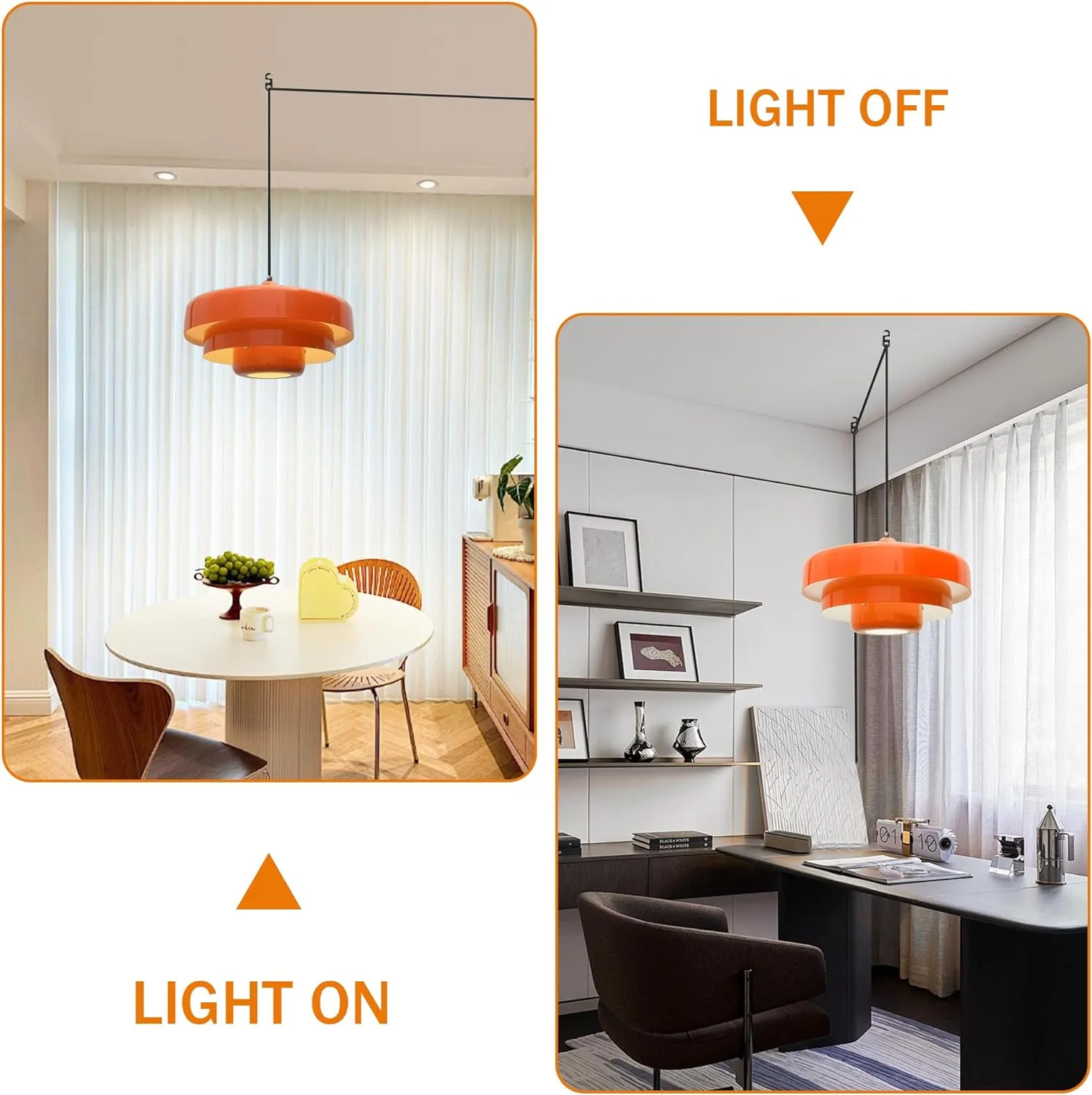 Plug in Pendant Light Mid Century Hanging Lamp with Plug in Cord Orange Pendant Lighting Fixtures Nordic Style Metal Shade On/Off Switch Hanging Light for Living Room Dining Bedroom Kitchen