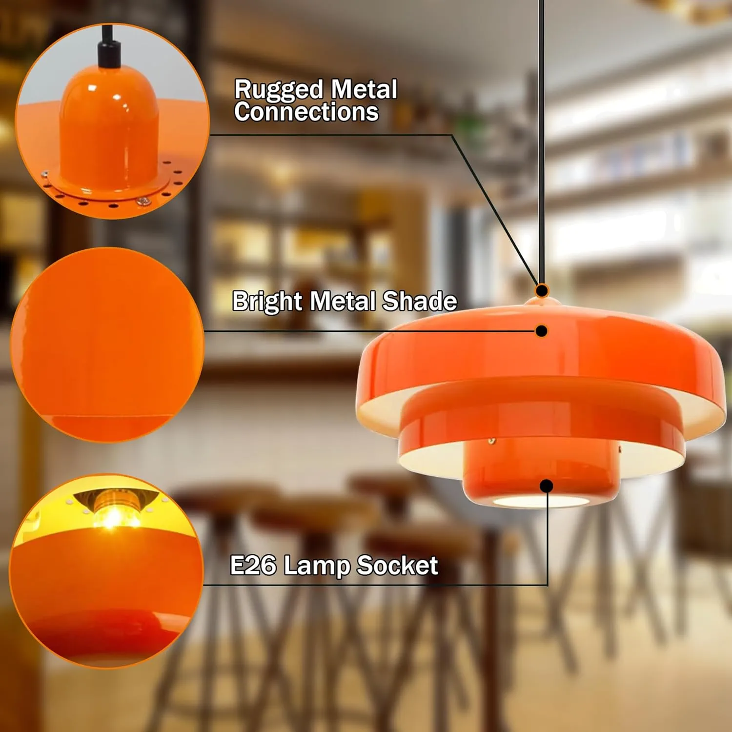 Plug in Pendant Light Mid Century Hanging Lamp with Plug in Cord Orange Pendant Lighting Fixtures Nordic Style Metal Shade On/Off Switch Hanging Light for Living Room Dining Bedroom Kitchen