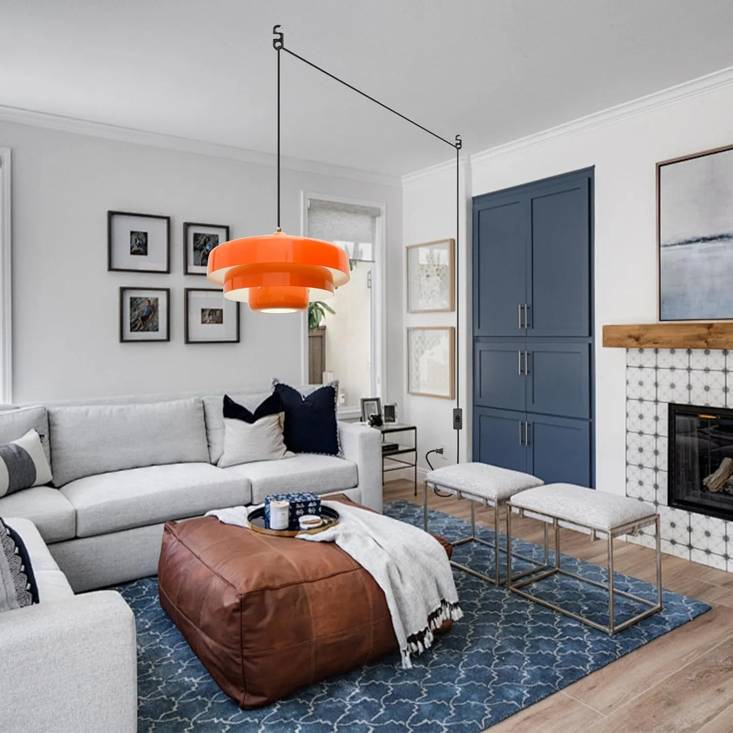 Plug in Pendant Light Mid Century Hanging Lamp with Plug in Cord Orange Pendant Lighting Fixtures Nordic Style Metal Shade On/Off Switch Hanging Light for Living Room Dining Bedroom Kitchen