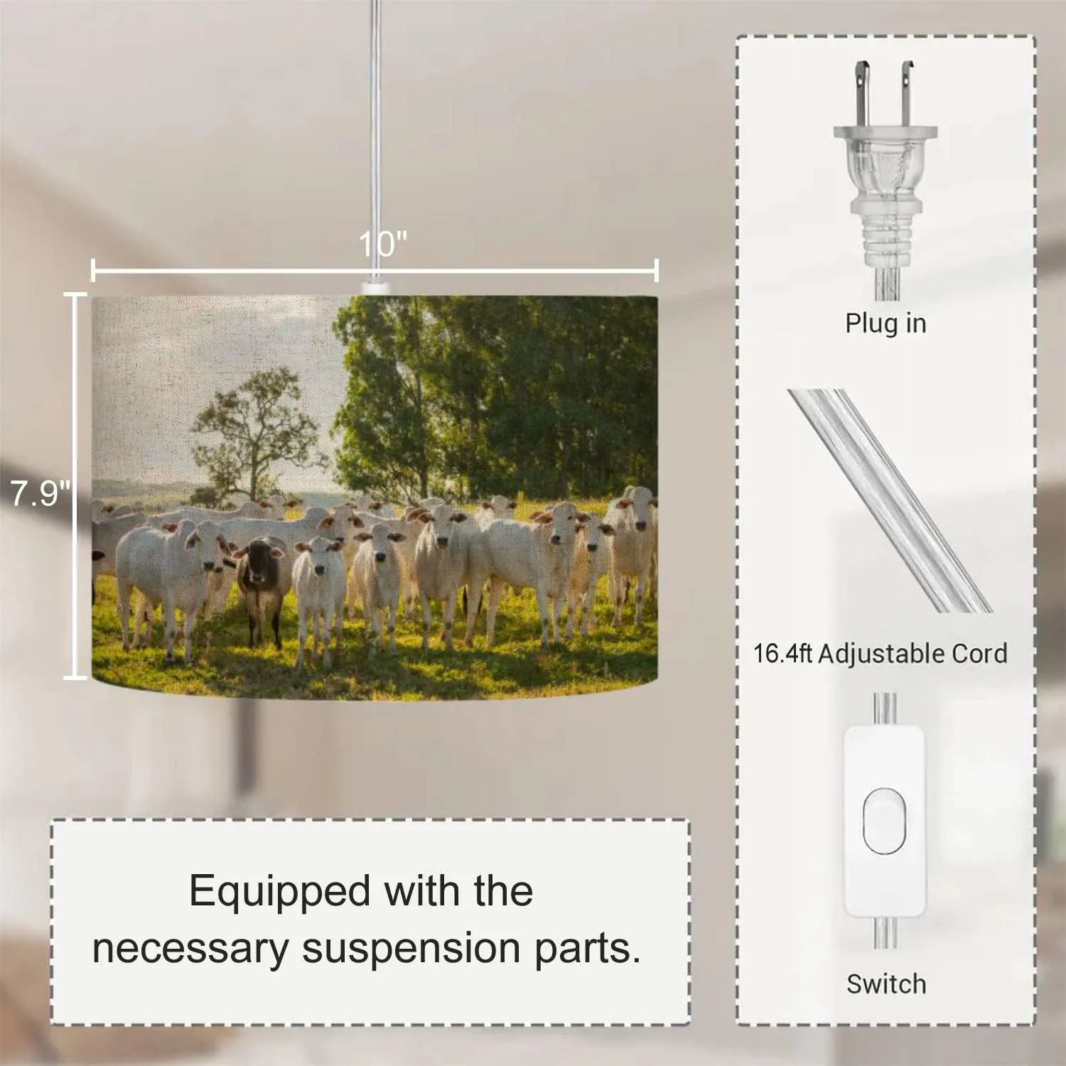Plug in Pendant Light Nelore Cattle Herd Pasture at Sunset Hanging Lamp with Plug in Clear Cord Linen Lampshade Dimmable Switch for Bedroom Living Room Light Fixtures