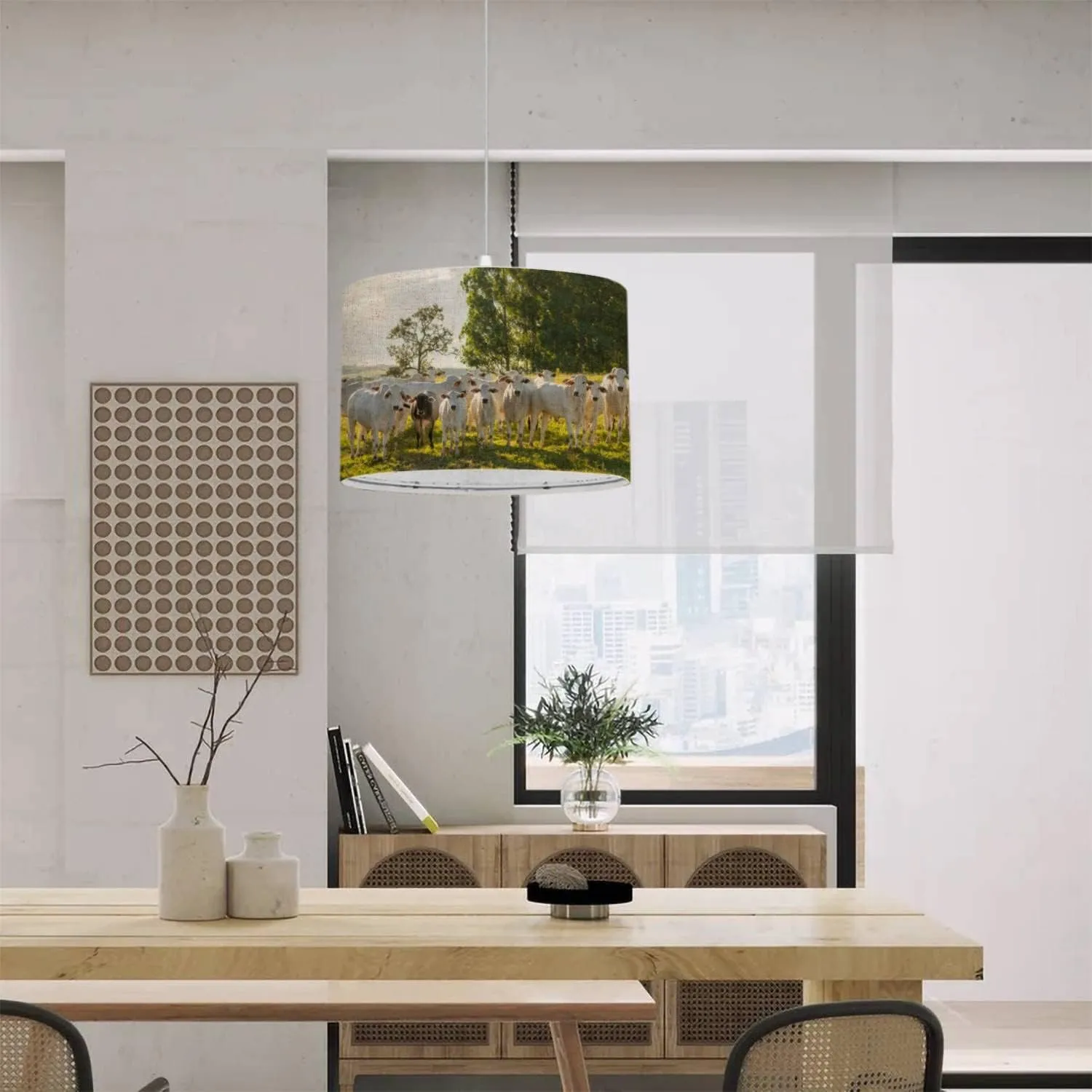 Plug in Pendant Light Nelore Cattle Herd Pasture at Sunset Hanging Lamp with Plug in Clear Cord Linen Lampshade Dimmable Switch for Bedroom Living Room Light Fixtures