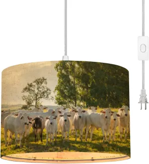 Plug in Pendant Light Nelore Cattle Herd Pasture at Sunset Hanging Lamp with Plug in Clear Cord Linen Lampshade Dimmable Switch for Bedroom Living Room Light Fixtures