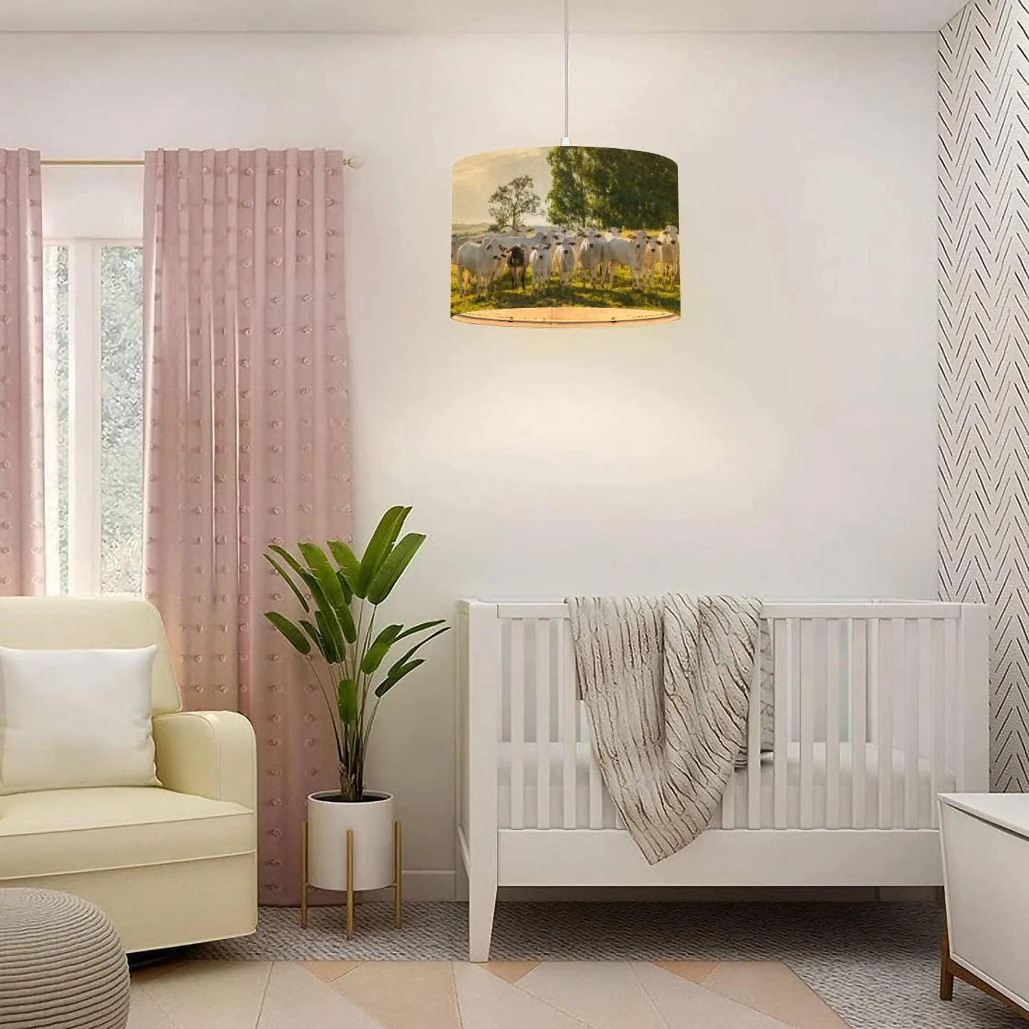 Plug in Pendant Light Nelore Cattle Herd Pasture at Sunset Hanging Lamp with Plug in Clear Cord Linen Lampshade Dimmable Switch for Bedroom Living Room Light Fixtures