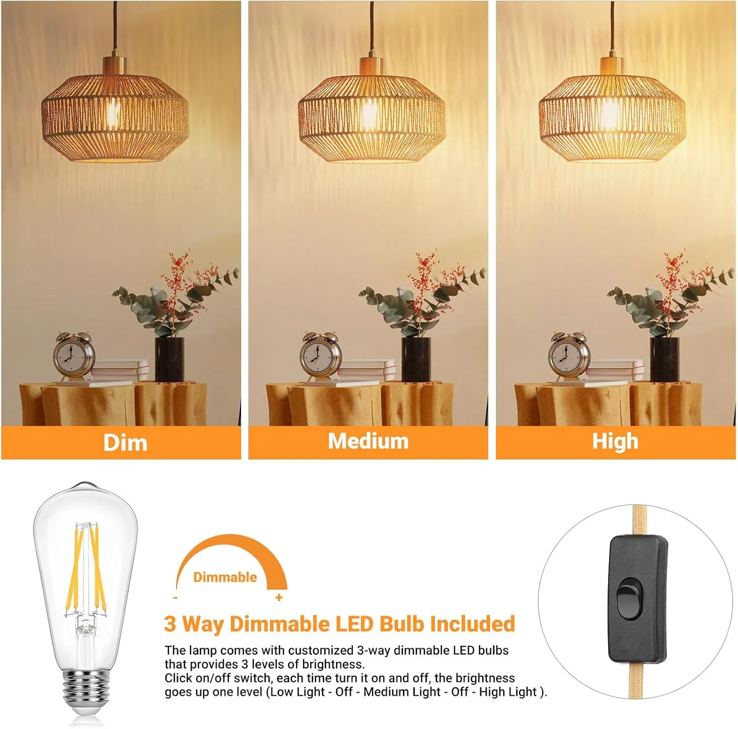 Plug in Pendant Light Paper Woven Rattan Hanging Lights Boho Hanging Lamp Rustic Farmhouse Pendant Lights for Kitchen Dining Room Bedroom Entryway, with 3-Way Dimmable Bulb (Woven)