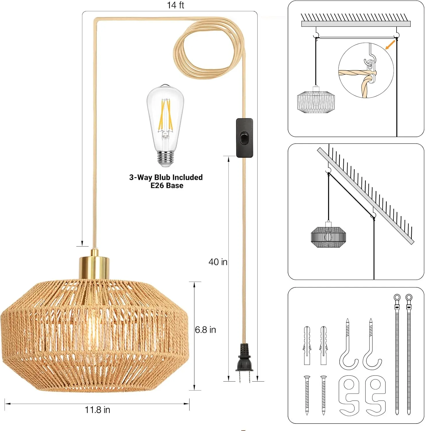 Plug in Pendant Light Paper Woven Rattan Hanging Lights Boho Hanging Lamp Rustic Farmhouse Pendant Lights for Kitchen Dining Room Bedroom Entryway, with 3-Way Dimmable Bulb (Woven)