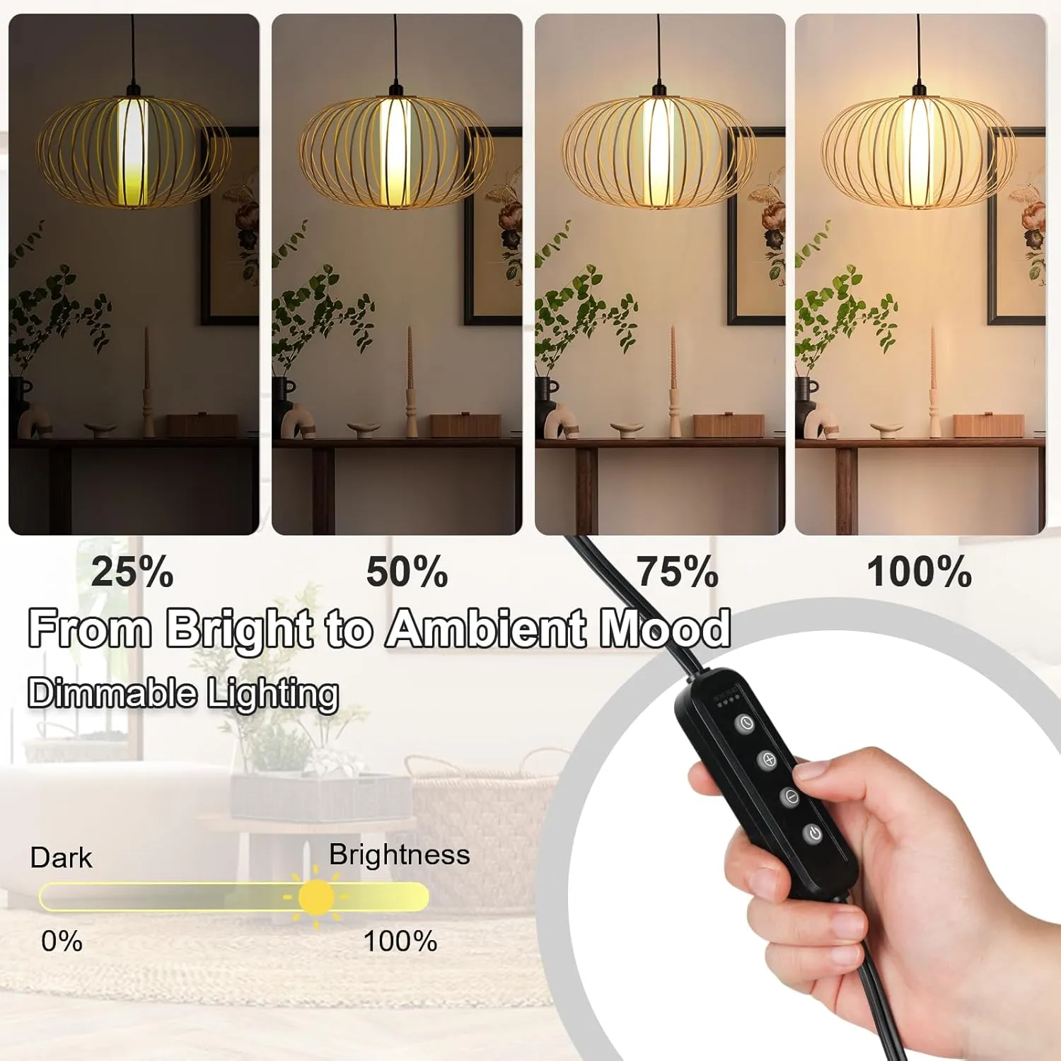 Plug-in Pendant Light Rattan Hanging Lamp, Boho Hanging Lights with Woven Lampshade, 3-Way Dimmable & Timmer Setting Ceiling Light Fixture for Living Room, Bedroom, Farmhouse (Bamboo Round)