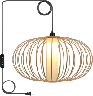Plug-in Pendant Light Rattan Hanging Lamp, Boho Hanging Lights with Woven Lampshade, 3-Way Dimmable & Timmer Setting Ceiling Light Fixture for Living Room, Bedroom, Farmhouse (Bamboo Round)