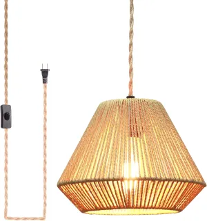Plug in Pendant Light Rattan Hanging Lamp, Rattan Pendant Light with on/Off Switch,Rattan Woven LampShade Hanging Lamp Plug in for Living Room,Bedroom,Farmhouse