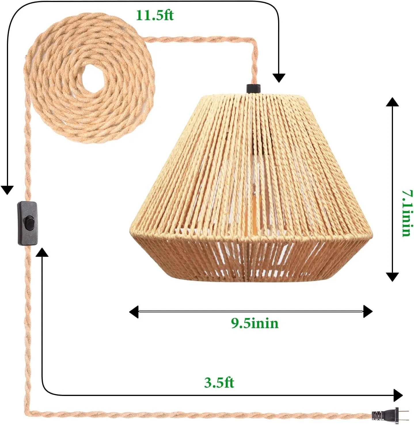 Plug in Pendant Light Rattan Hanging Lamp, Rattan Pendant Light with on/Off Switch,Rattan Woven LampShade Hanging Lamp Plug in for Living Room,Bedroom,Farmhouse