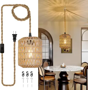 Plug in Pendant Light with Cord On/Off Switch Rattan Hanging Lamp with 15ft Hand Woven Wicker Plug in Chandelier Boho Hanging Lights Fixture for Bedroom Kitchen Hallway Foyer