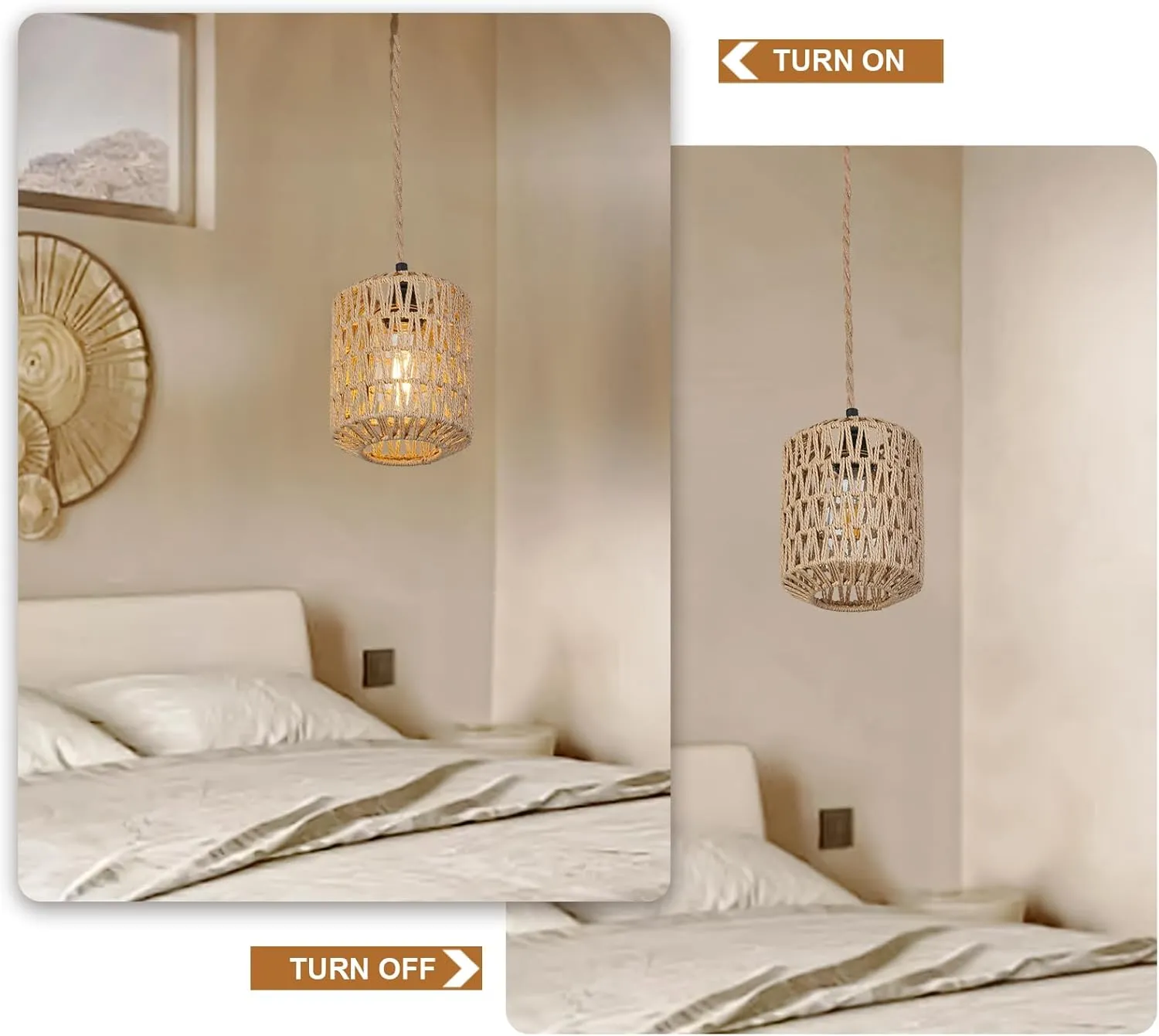 Plug in Pendant Light with Cord On/Off Switch Rattan Hanging Lamp with 15ft Hand Woven Wicker Plug in Chandelier Boho Hanging Lights Fixture for Bedroom Kitchen Hallway Foyer