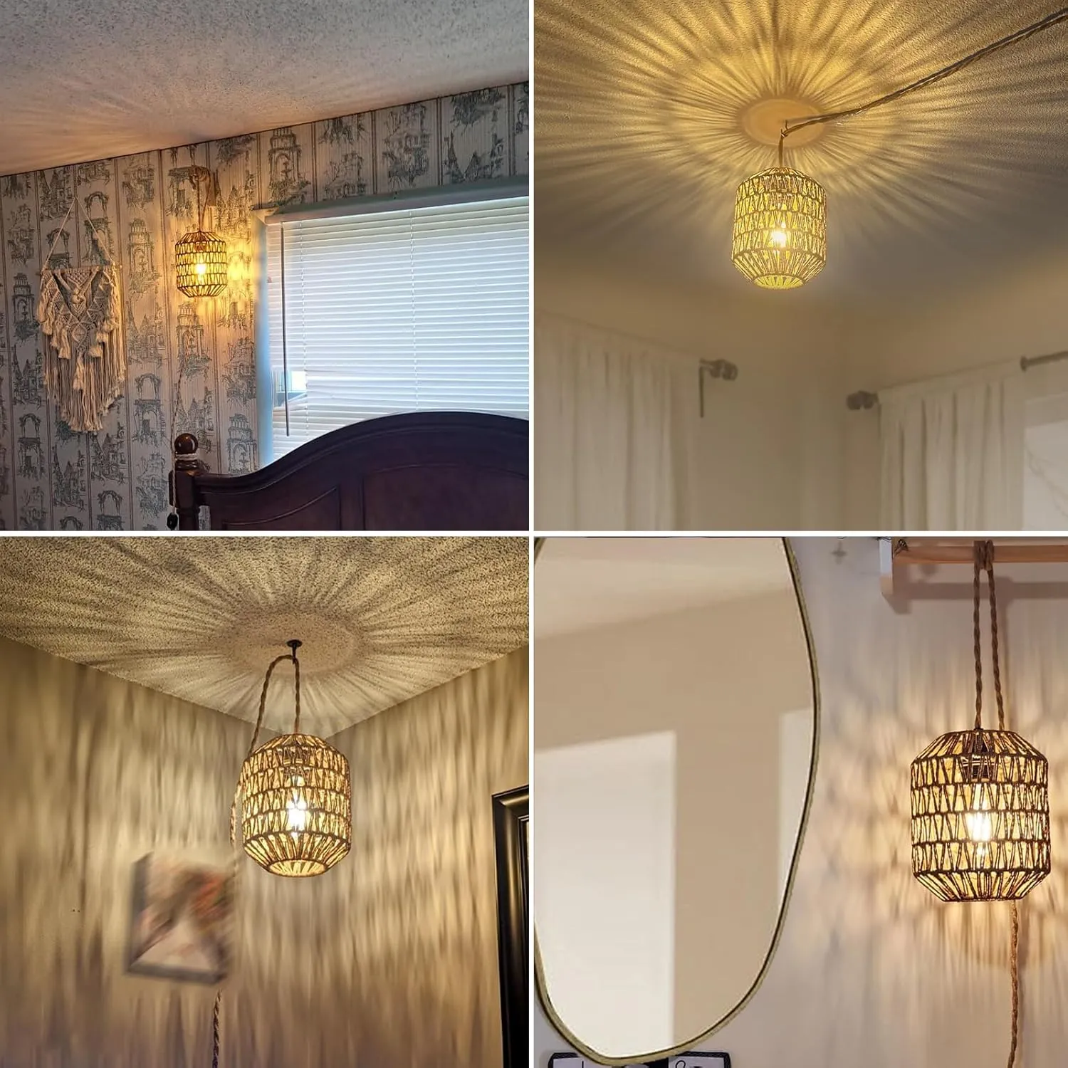 Plug in Pendant Light with Cord On/Off Switch Rattan Hanging Lamp with 15ft Hand Woven Wicker Plug in Chandelier Boho Hanging Lights Fixture for Bedroom Kitchen Hallway Foyer