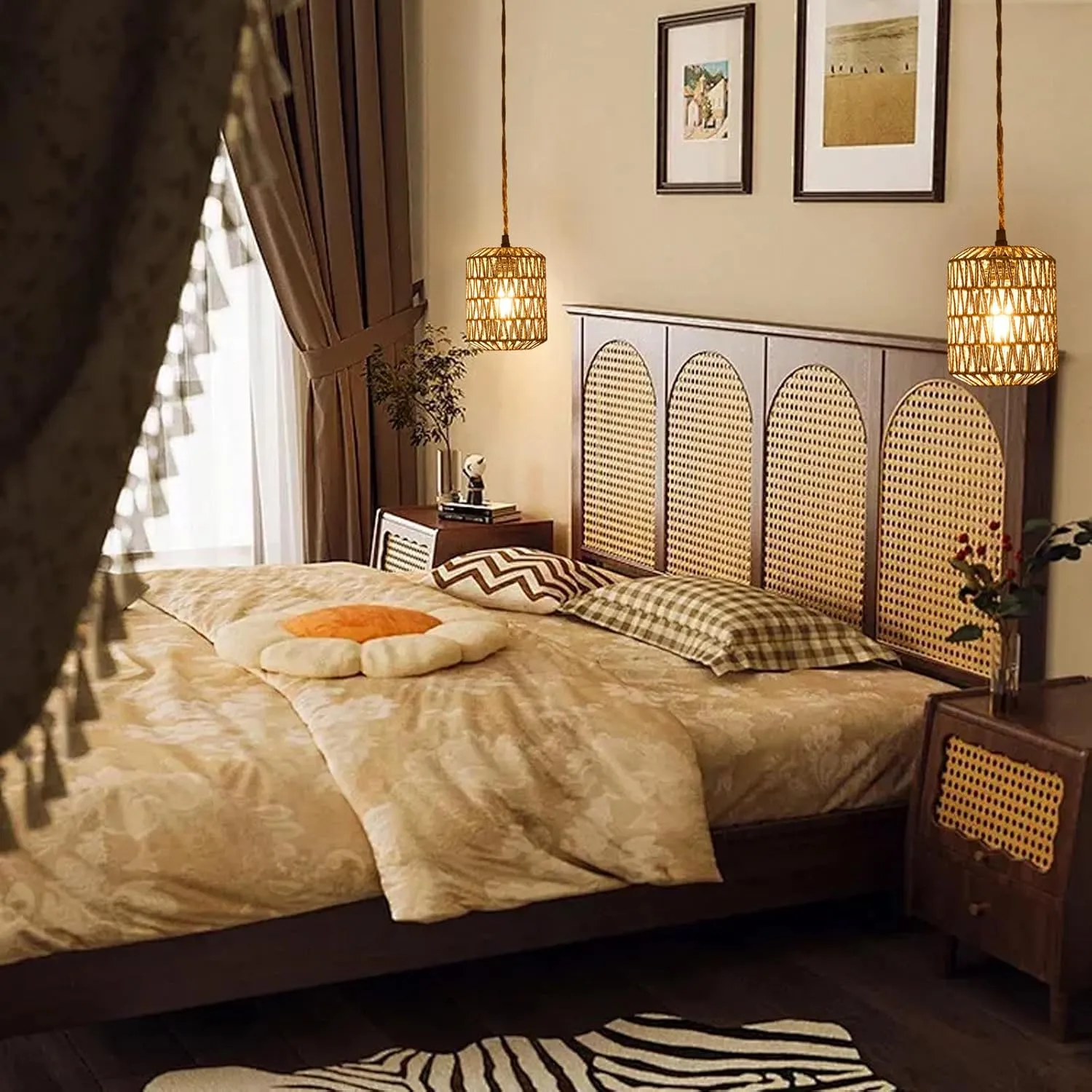 Plug in Pendant Light with Cord On/Off Switch Rattan Hanging Lamp with 15ft Hand Woven Wicker Plug in Chandelier Boho Hanging Lights Fixture for Bedroom Kitchen Hallway Foyer