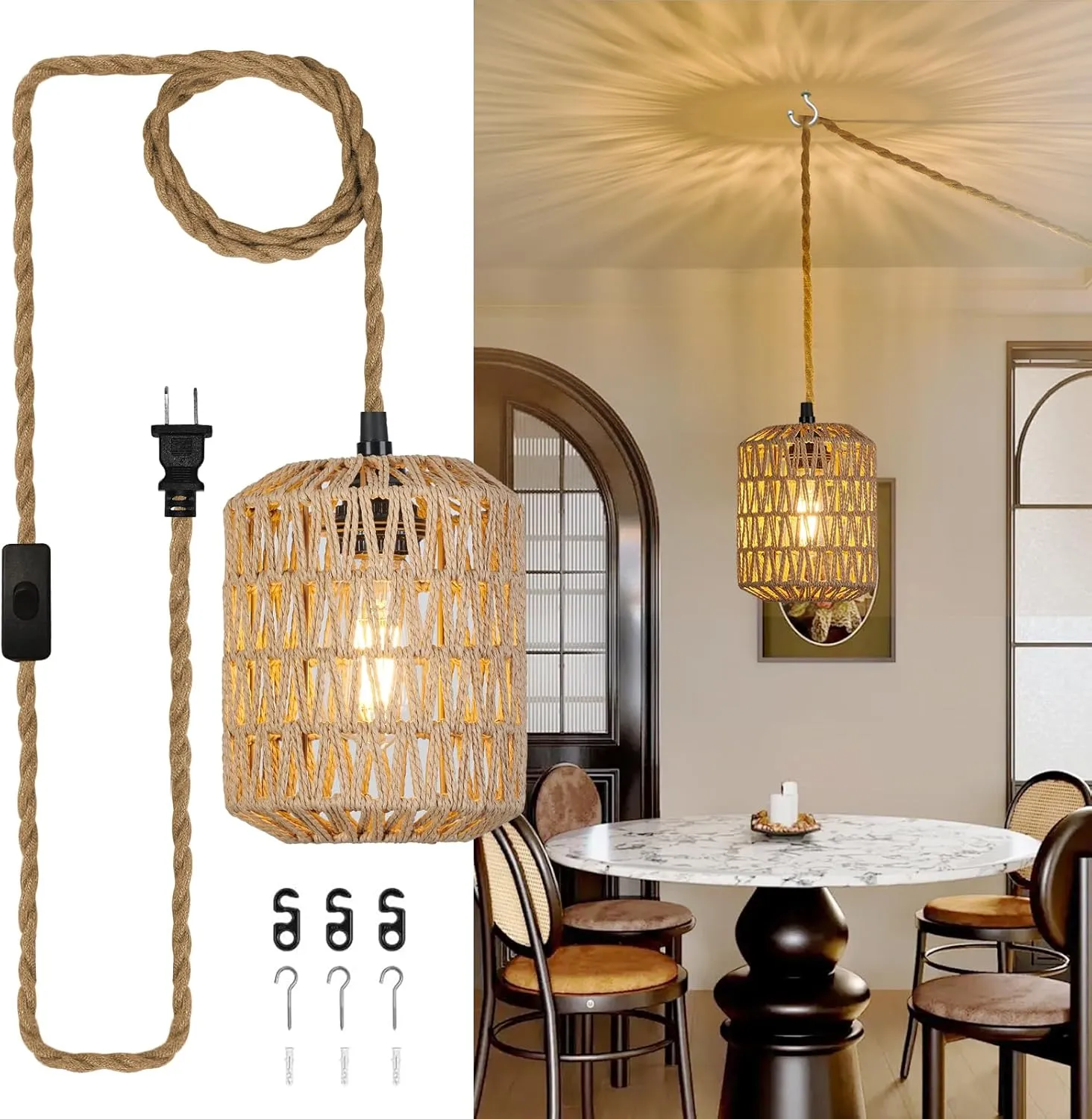 Plug in Pendant Light with Cord On/Off Switch Rattan Hanging Lamp with 15ft Hand Woven Wicker Plug in Chandelier Boho Hanging Lights Fixture for Bedroom Kitchen Hallway Foyer