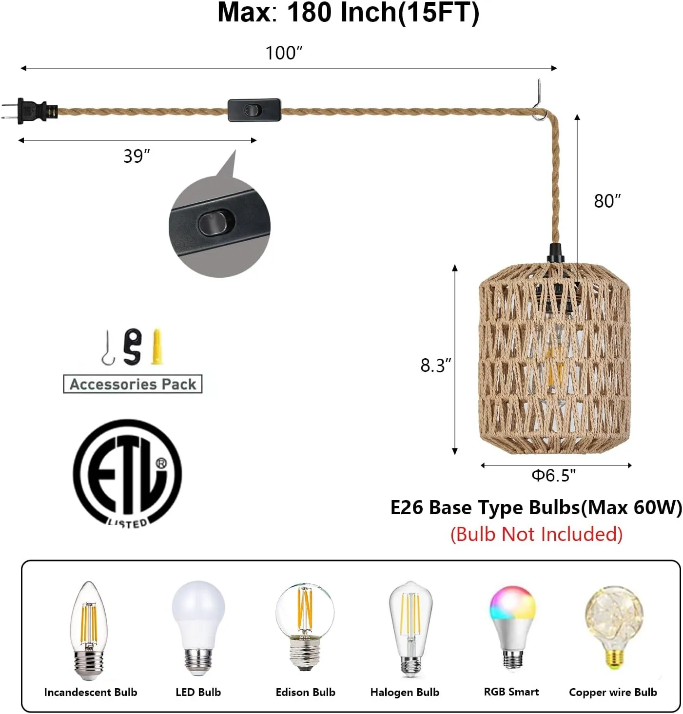 Plug in Pendant Light with Cord On/Off Switch Rattan Hanging Lamp with 15ft Hand Woven Wicker Plug in Chandelier Boho Hanging Lights Fixture for Bedroom Kitchen Hallway Foyer