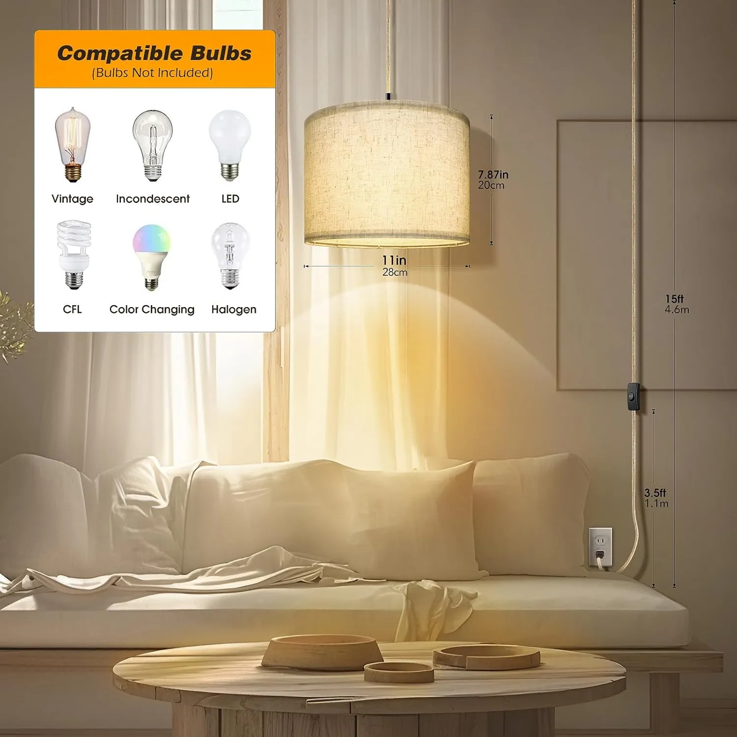Plug in Pendant Light,15 FT Hanging Lamp with Plug in Cord, ON/Off Switch, Pendant Lighting with Fabric Shade, Hanging Light Fixture for Living Room, Bedroom, Dining Room, Kitchen