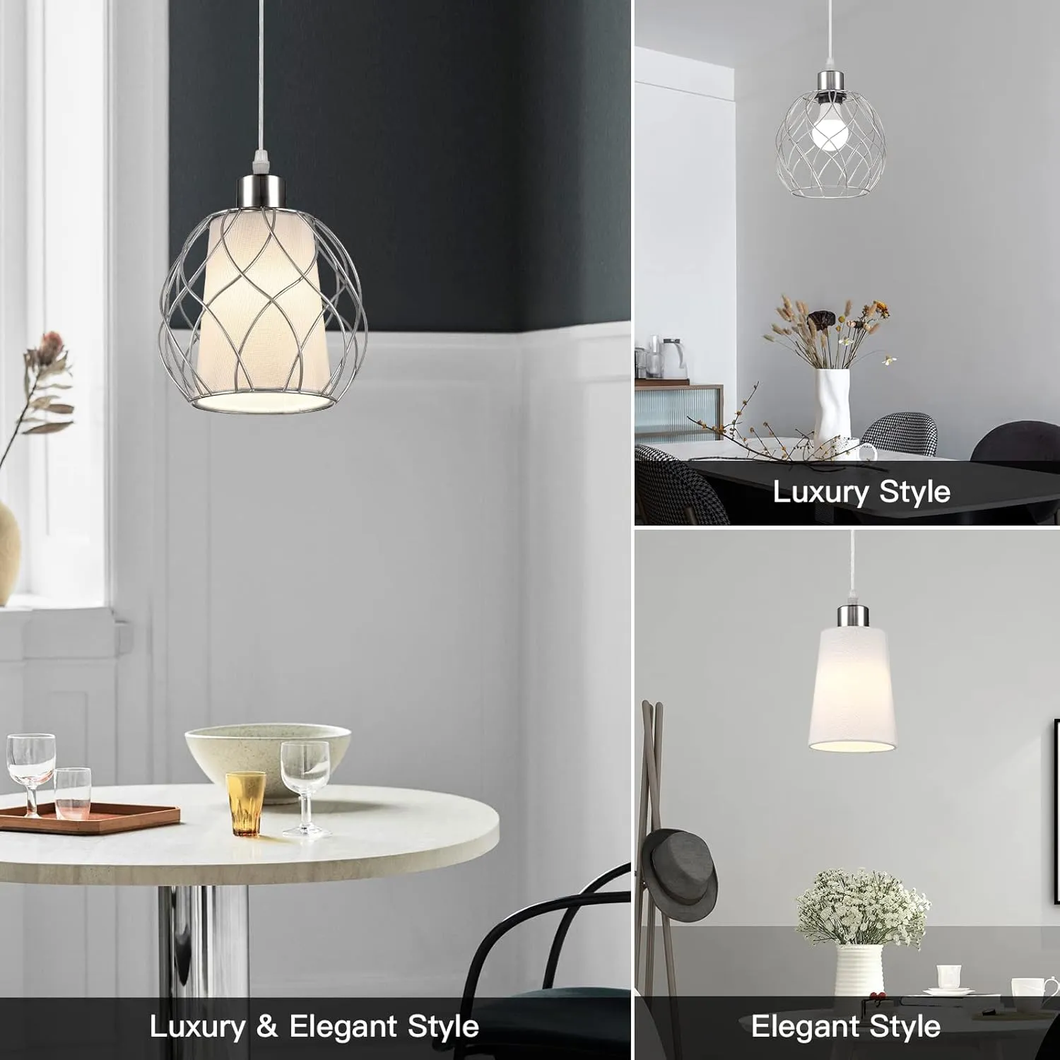Plug in Pendant Light,Hanging Light with Plug in Cord,Silver Hanging Lamp with Dimmable Switch,15 ft Clear Cord,Hanging Light Fixture for Kitchen Island Living Room Bedroom (Bulb Included)
