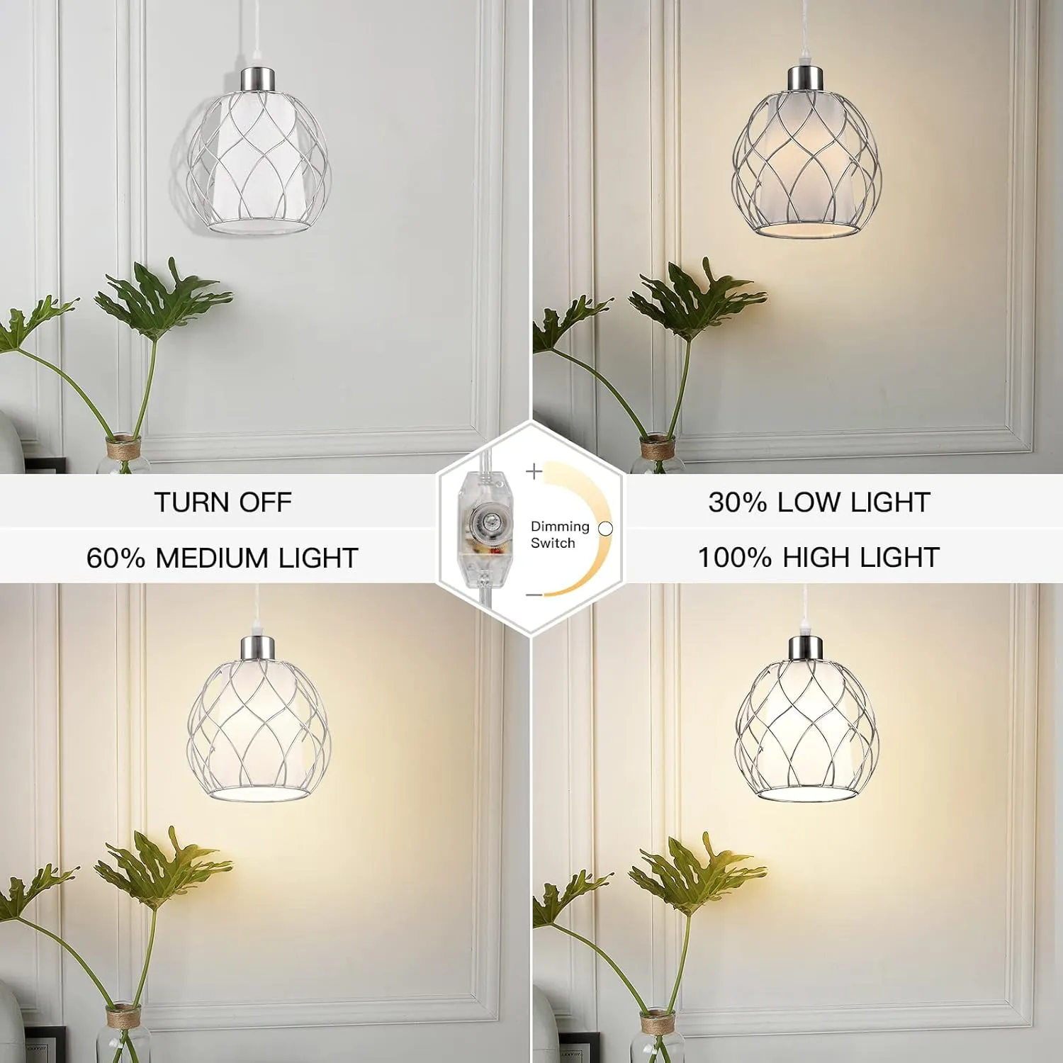 Plug in Pendant Light,Hanging Light with Plug in Cord,Silver Hanging Lamp with Dimmable Switch,15 ft Clear Cord,Hanging Light Fixture for Kitchen Island Living Room Bedroom (Bulb Included)