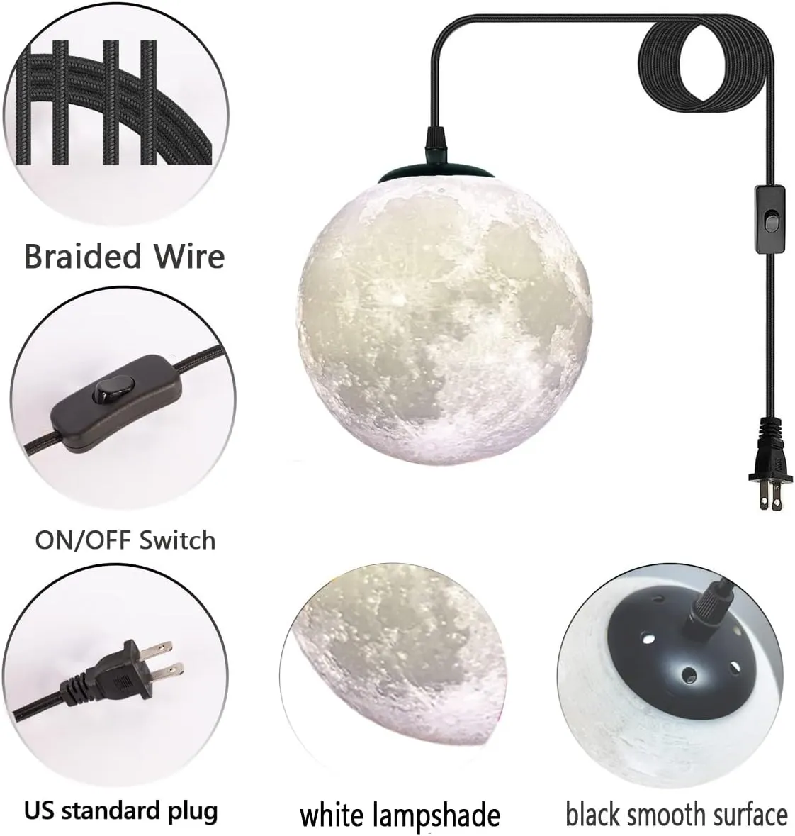Plug in Pendant Lighting with Cord,Hanging Lamps That Plug Into Wall Outlet White,16.4Ft Hanging Light Cord with Switch,3D Paint Hanging Moon Light for Kids Room(Bulb Included)