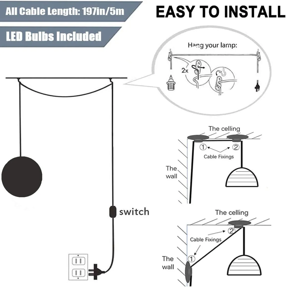Plug in Pendant Lighting with Cord,Hanging Lamps That Plug Into Wall Outlet White,16.4Ft Hanging Light Cord with Switch,3D Paint Hanging Moon Light for Kids Room(Bulb Included)