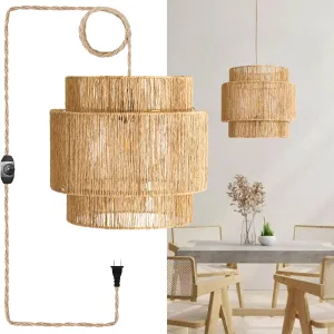 Plug-in Woven Pendant Light - Jute Hanging Lamp Shade with Adjustable Cord, Boho Light Fixture for Bedroom, Kitchen, Dining Room (Bulb Not Included) (3-Tier)