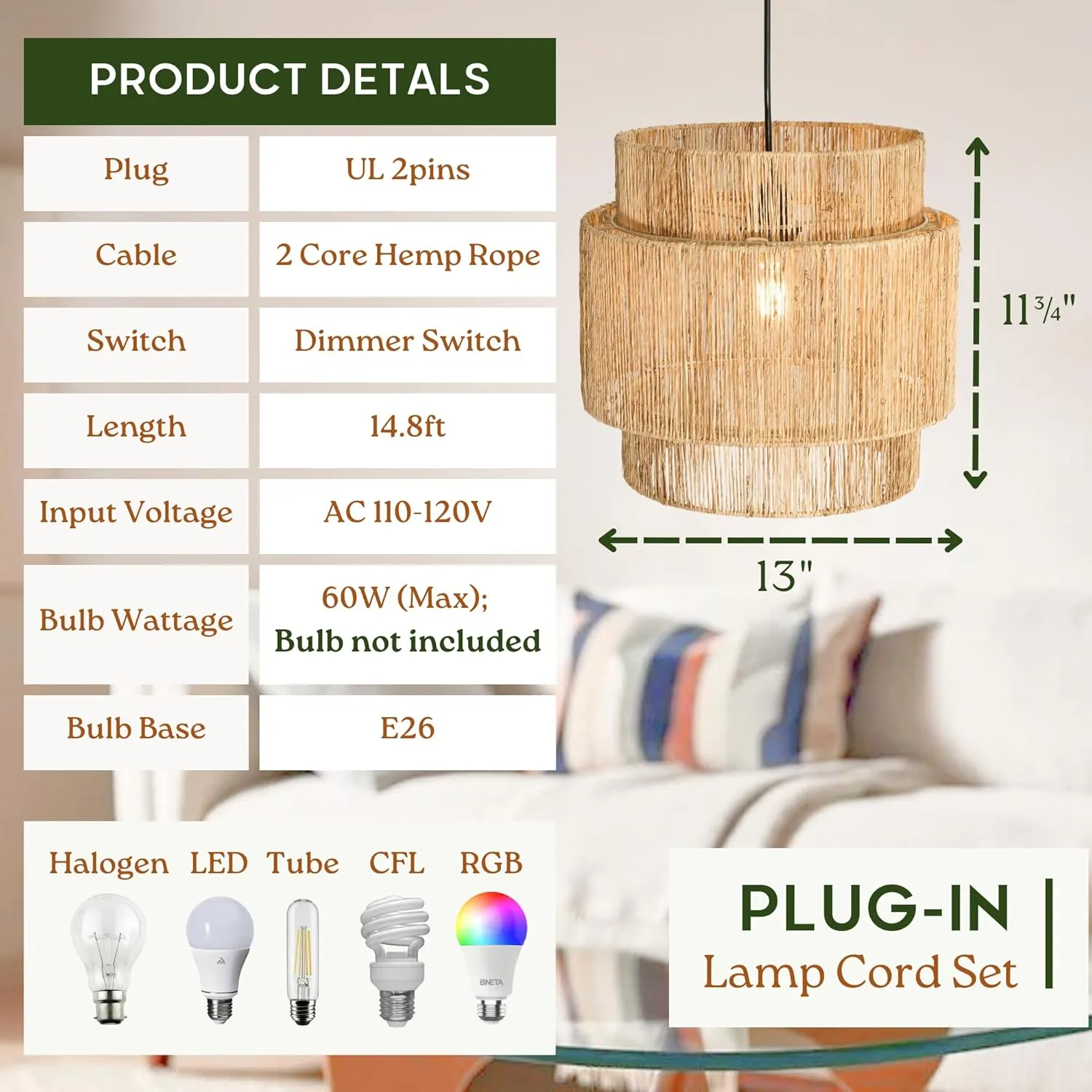 Plug-in Woven Pendant Light - Jute Hanging Lamp Shade with Adjustable Cord, Boho Light Fixture for Bedroom, Kitchen, Dining Room (Bulb Not Included) (3-Tier)