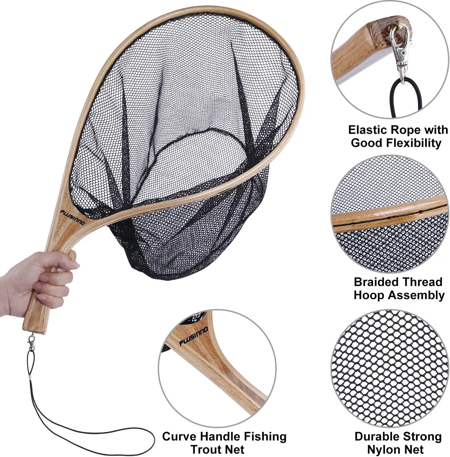 PLUSINNO Fly Fishing Net, Wooden Frame Fishing Landing Net with Magnetic Release, Soft Rubber Mesh Net for Trout Bass Catch and Release, Magnetic Fly Fishing Gear