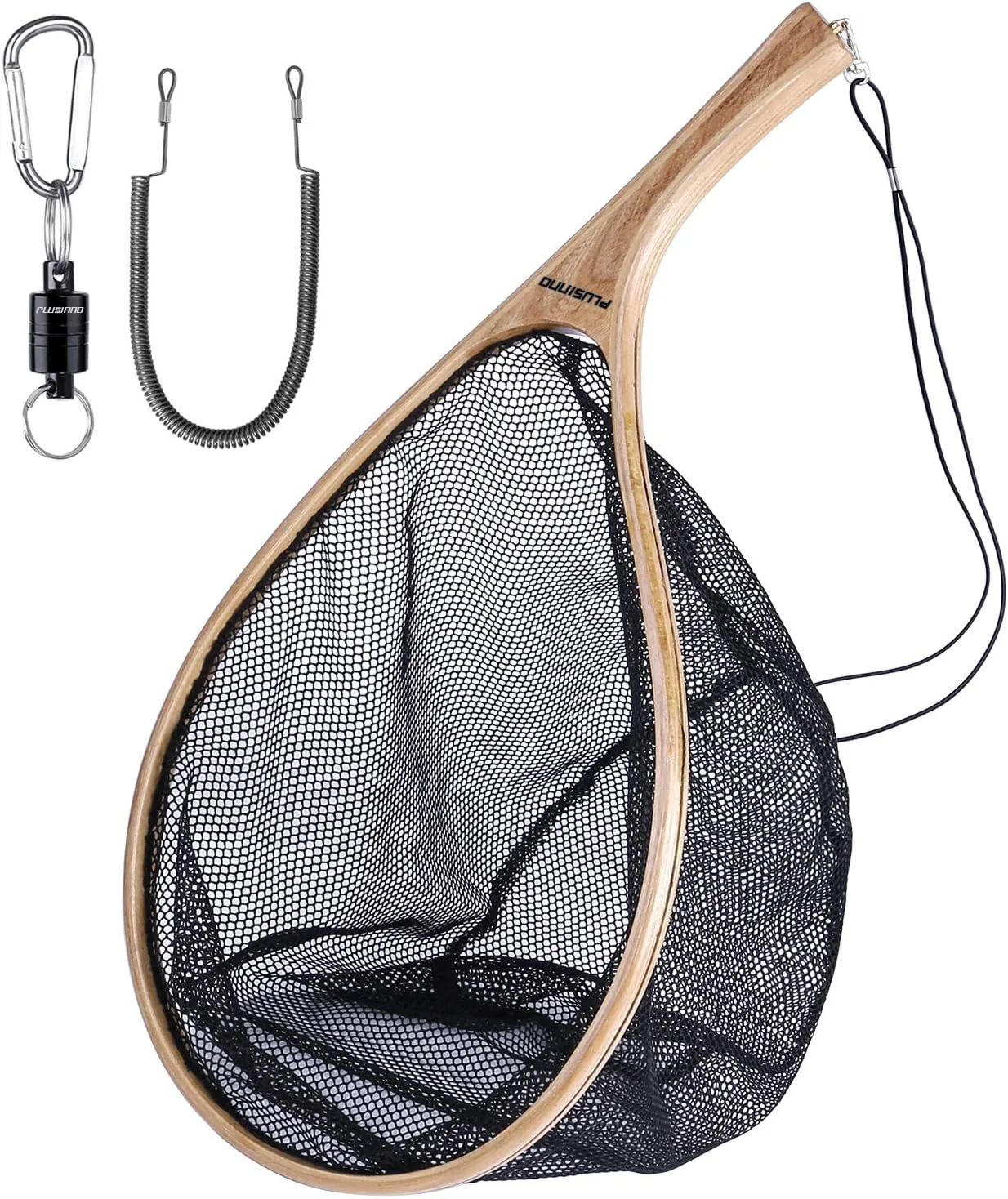 PLUSINNO Fly Fishing Net, Wooden Frame Fishing Landing Net with Magnetic Release, Soft Rubber Mesh Net for Trout Bass Catch and Release, Magnetic Fly Fishing Gear