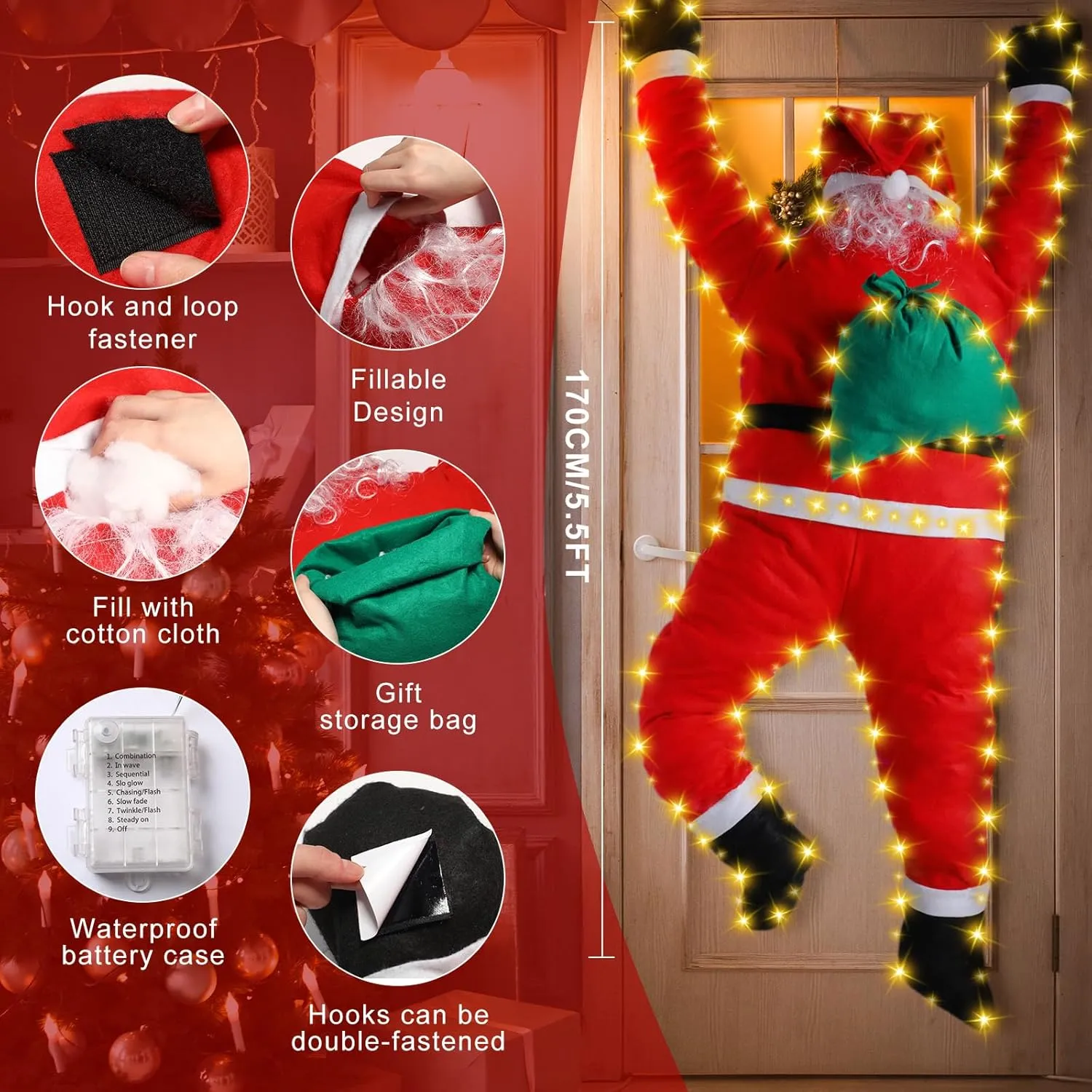 Poen Outdoor Santa Claus Hanging on Roof Large Christmas Decoration with Light String Climbing Hanging Santa with Gift Bag Xmas Ornament for Roof Gutter Tree Porch Yard (Warm White)