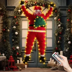Poen Outdoor Santa Claus Hanging on Roof Large Christmas Decoration with Light String Climbing Hanging Santa with Gift Bag Xmas Ornament for Roof Gutter Tree Porch Yard (Warm White)
