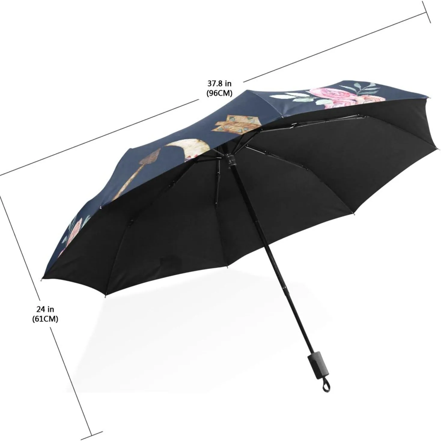 Poeticcity Travel Umbrella, Hand Open Close Windproof Waterproof Folding Umbrella, Black Tape Compact Canopy Strong Anti UV Ray Parasol