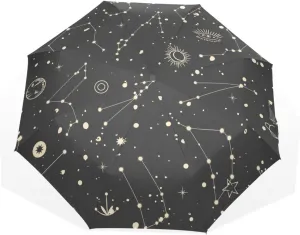Poeticcity Travel Umbrella, Hand Open Close Windproof Waterproof Folding Umbrella, Black Tape Compact Canopy Strong Anti UV Ray Parasol
