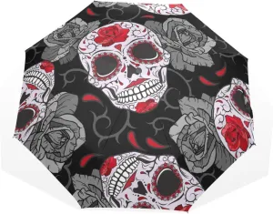 Poeticcity Travel Umbrella, Hand Open Close Windproof Waterproof Folding Umbrella, Black Tape Compact Canopy Strong Anti UV Ray Parasol