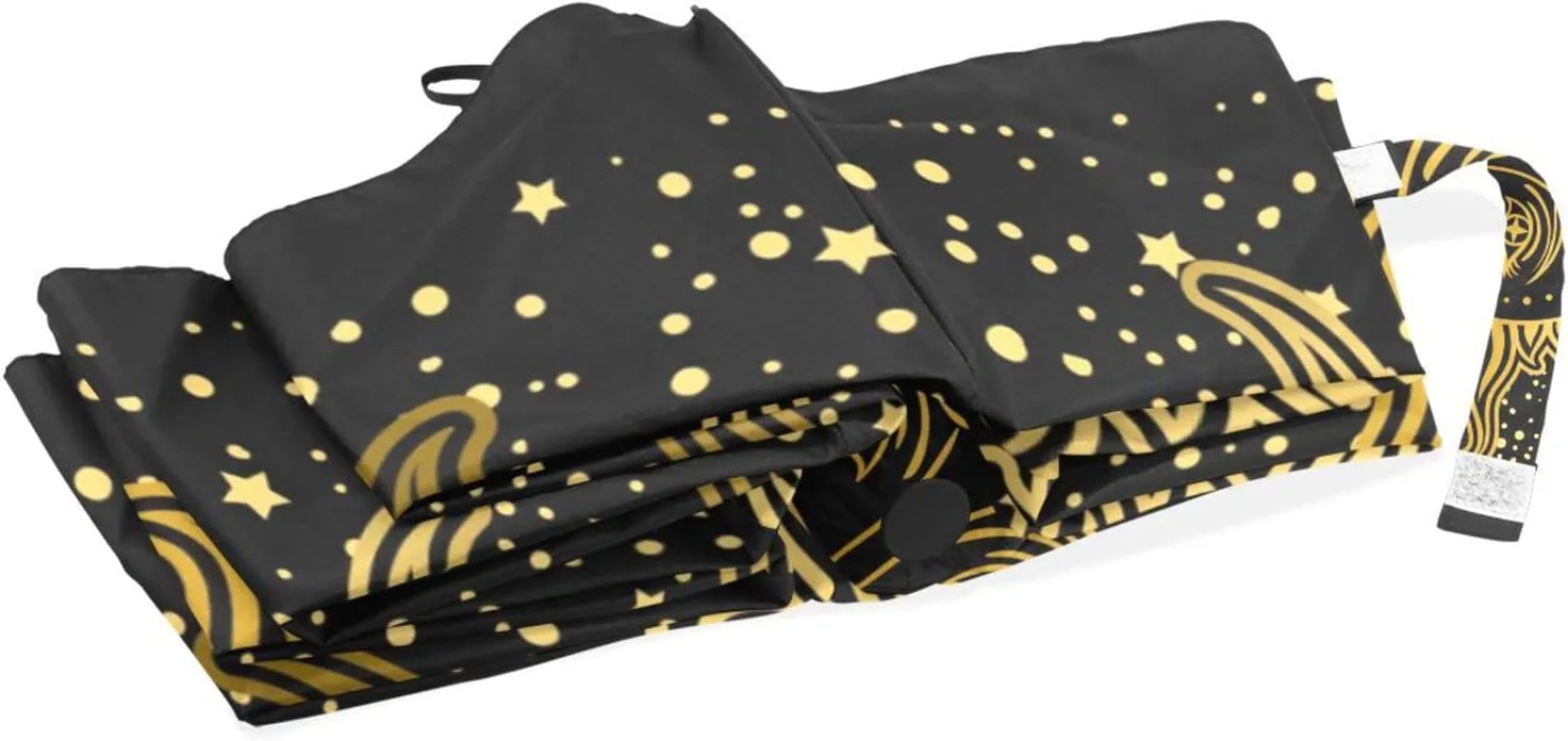 Poeticcity Travel Umbrella, Hand Open Close Windproof Waterproof Folding Umbrella, Black Tape Compact Canopy Strong Anti UV Ray Parasol
