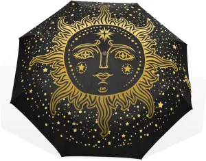 Poeticcity Travel Umbrella, Hand Open Close Windproof Waterproof Folding Umbrella, Black Tape Compact Canopy Strong Anti UV Ray Parasol