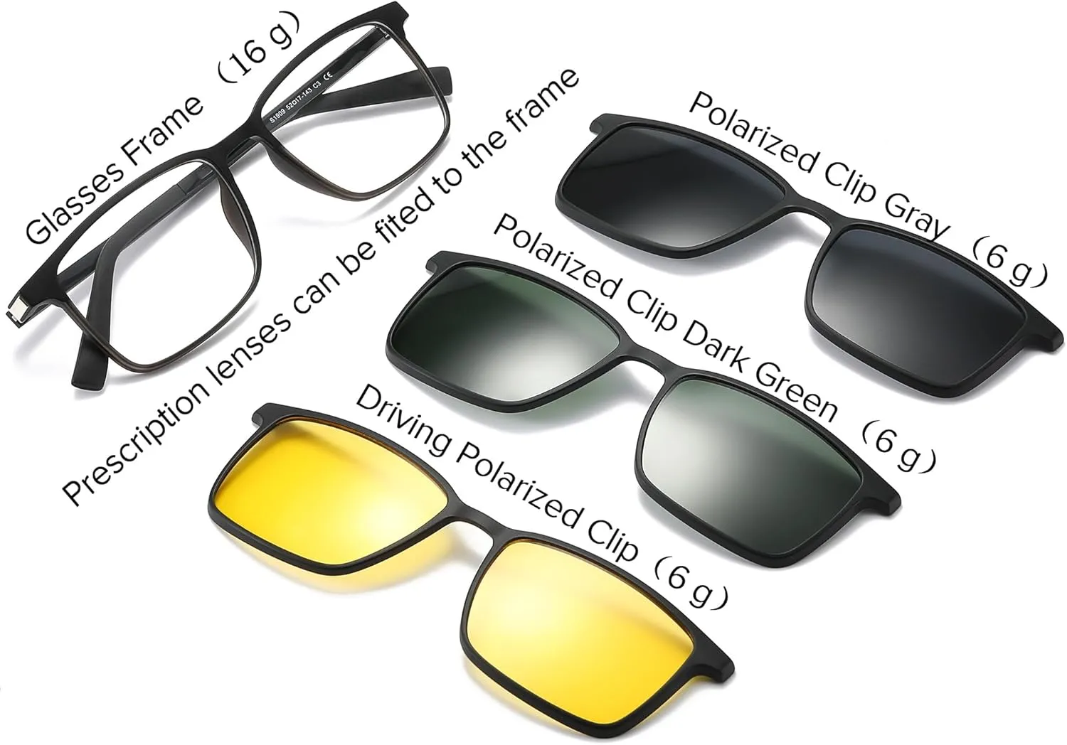 Polarized Magnetic Clip on Sunglasses for Eyeglasses Men UV Protection Driving Anti Glare Glasses Rectangle Black