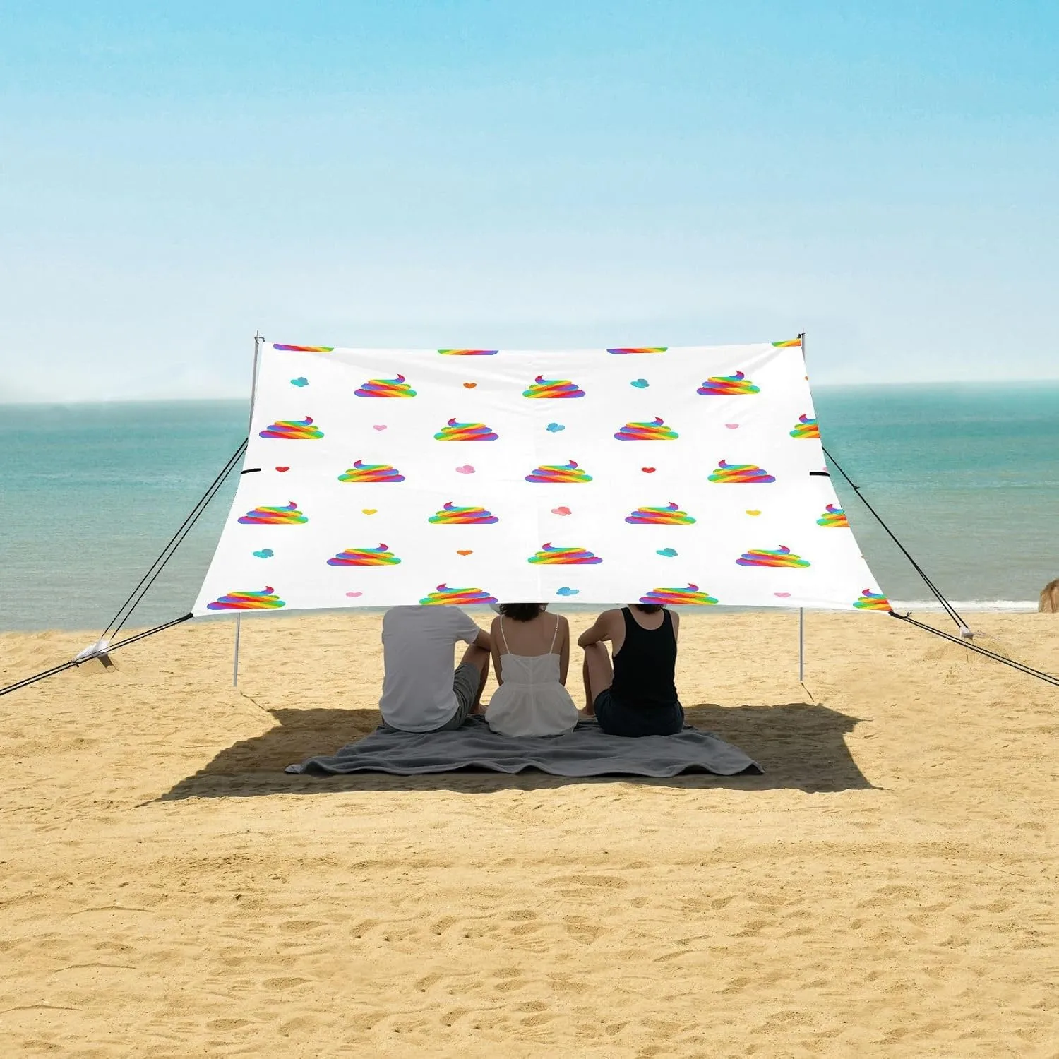 Poo Unicorn Beach Canopy Tent Anti-UV & Wind Resistant, Rainbow Camping Sun Shelter Easy Setup Portable,Outdoor Shade Tents with Sandbags,Sand Shovels,Ground Pegs & Stability Poles